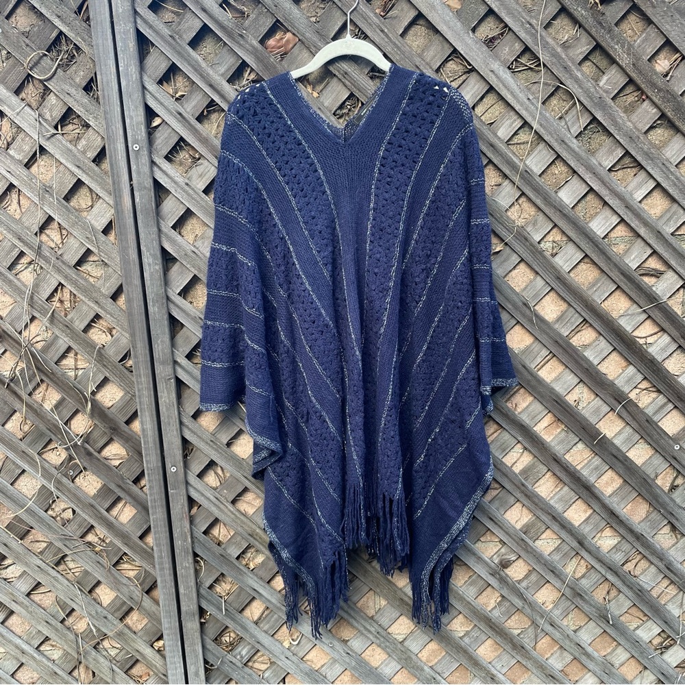 BCBGMaxazria Purple Knit Striped Fringe Poncho Sweater Tunic One Size